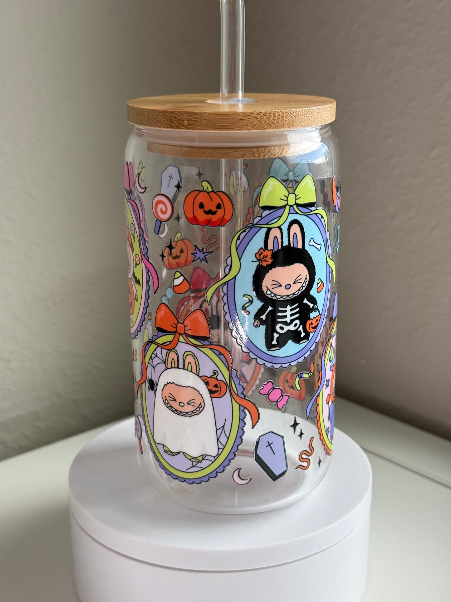 š Spooky Bunny Halloween Cup ā Labubu-Inspired 16 oz Glass Tumbler w/ Bamboo Lid & Straw