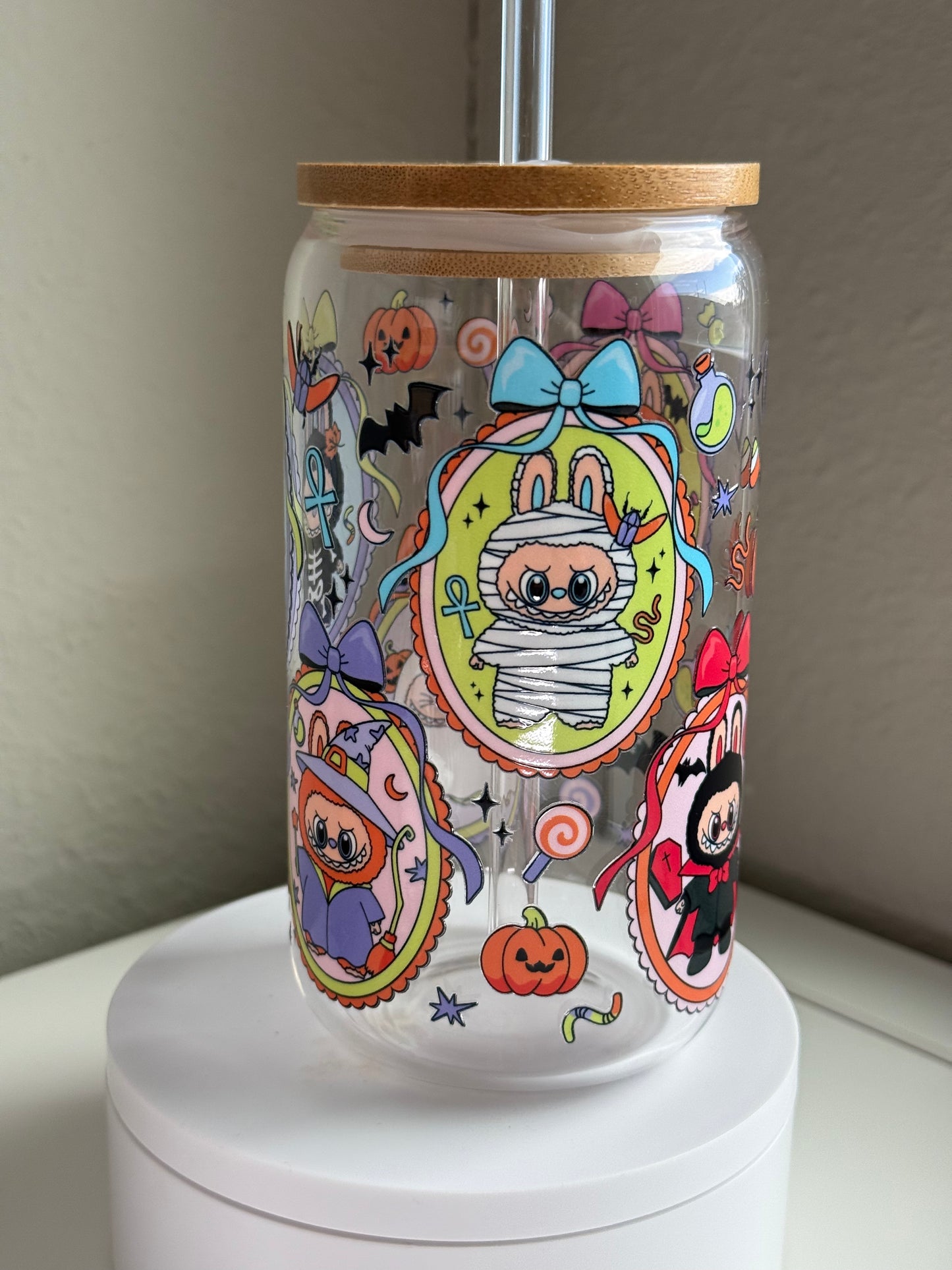 š Spooky Bunny Halloween Cup ā Labubu-Inspired 16 oz Glass Tumbler w/ Bamboo Lid & Straw