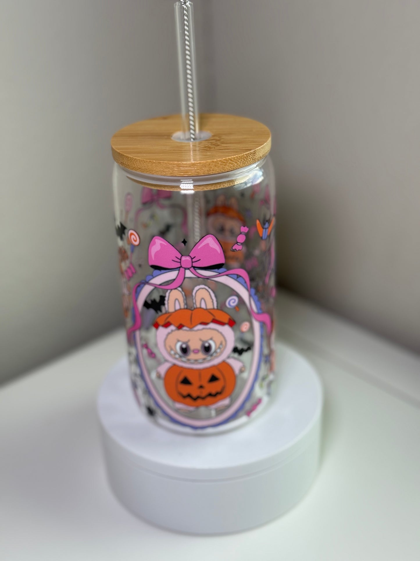 Spooky Pink Bow BuBu Monster Glass Cup – 16 oz Halloween Iced Coffee Tumbler Inspired by Labubu Style
