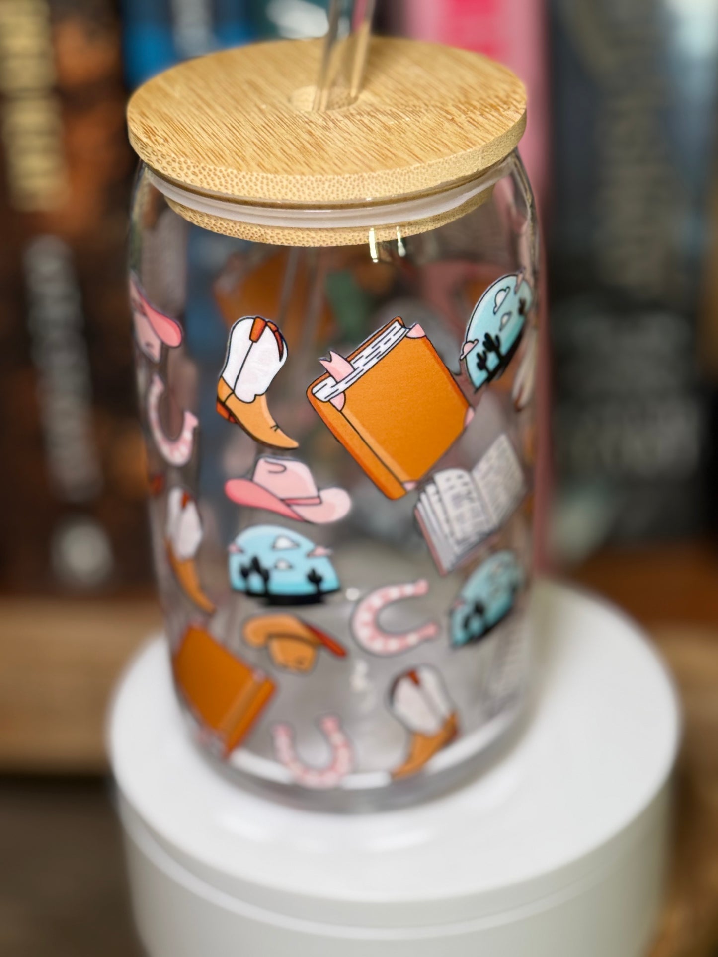 Small Town Cowboy Romance Glass Cup – 16oz Booktrope Can Glass with Bamboo Lid + Straw