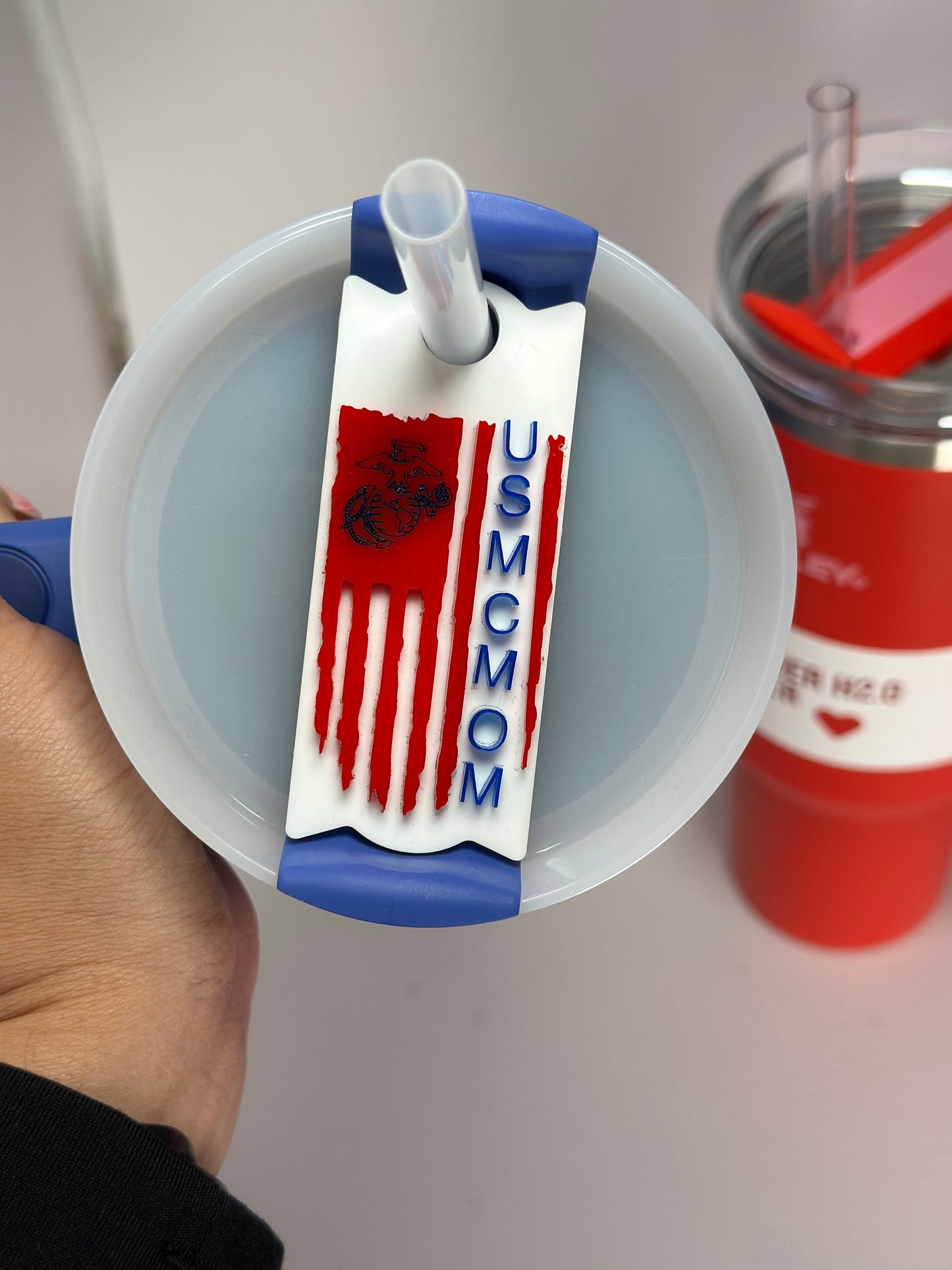 Personalized Tumbler Name Plate USMC Flag Stanley Name Tag For Tumbler Plate Topper Acrylic EGA Name Plate Quencher Name Tag Military wife