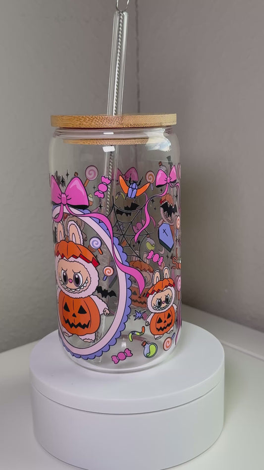Spooky Pink Bow BuBu Monster Glass Cup β 16 oz Halloween Iced Coffee Tumbler Inspired by Labubu Style