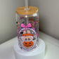 Spooky Pink Bow BuBu Monster Glass Cup – 16 oz Halloween Iced Coffee Tumbler Inspired by Labubu Style