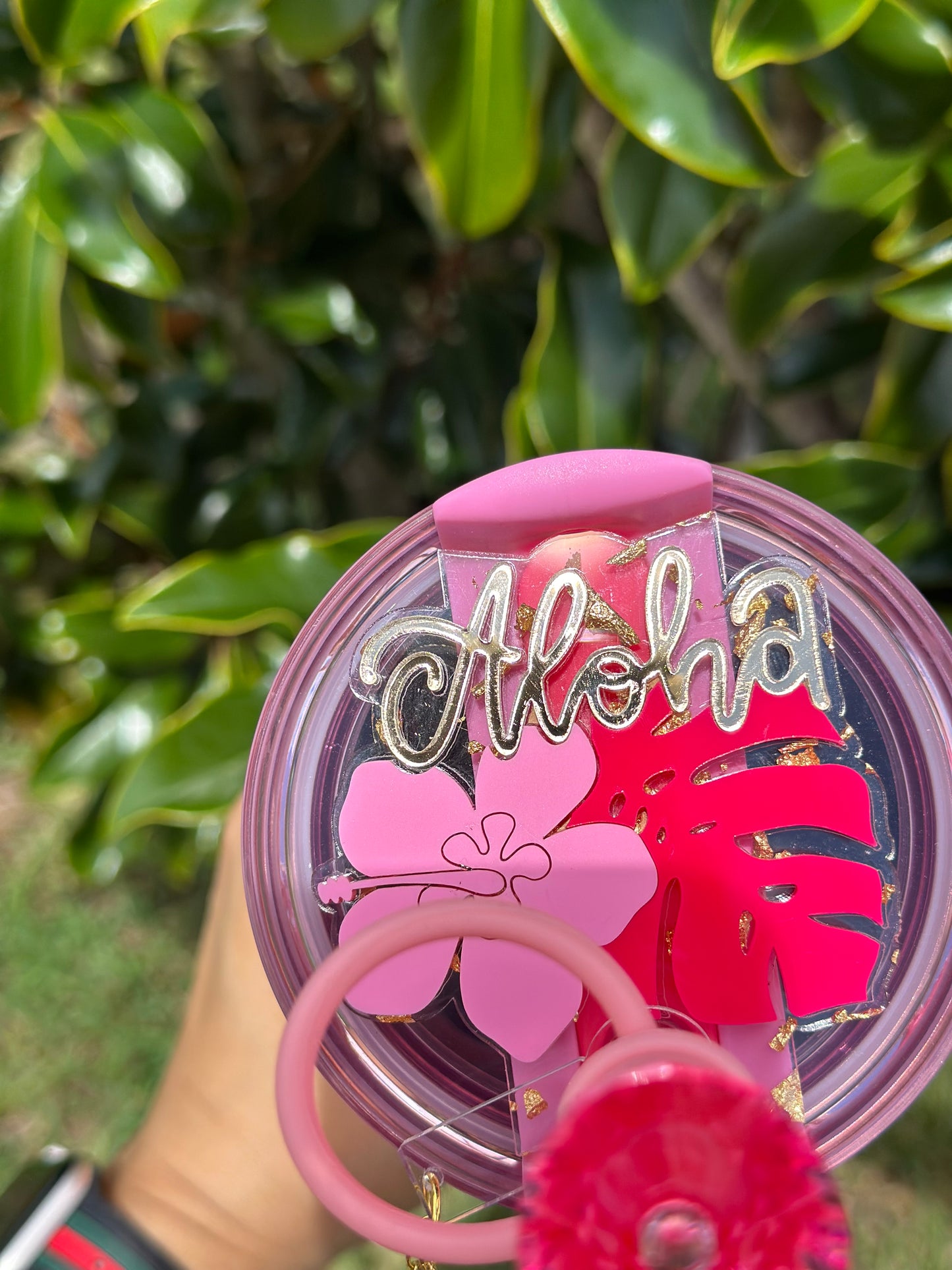 Pink Aloha Tropical Flower Tumbler Topper Hibiscus Flower Tag Personalized Flower Topper Tumbler Name Plate Topper Personalized Tumbler Accessory Pink Parade