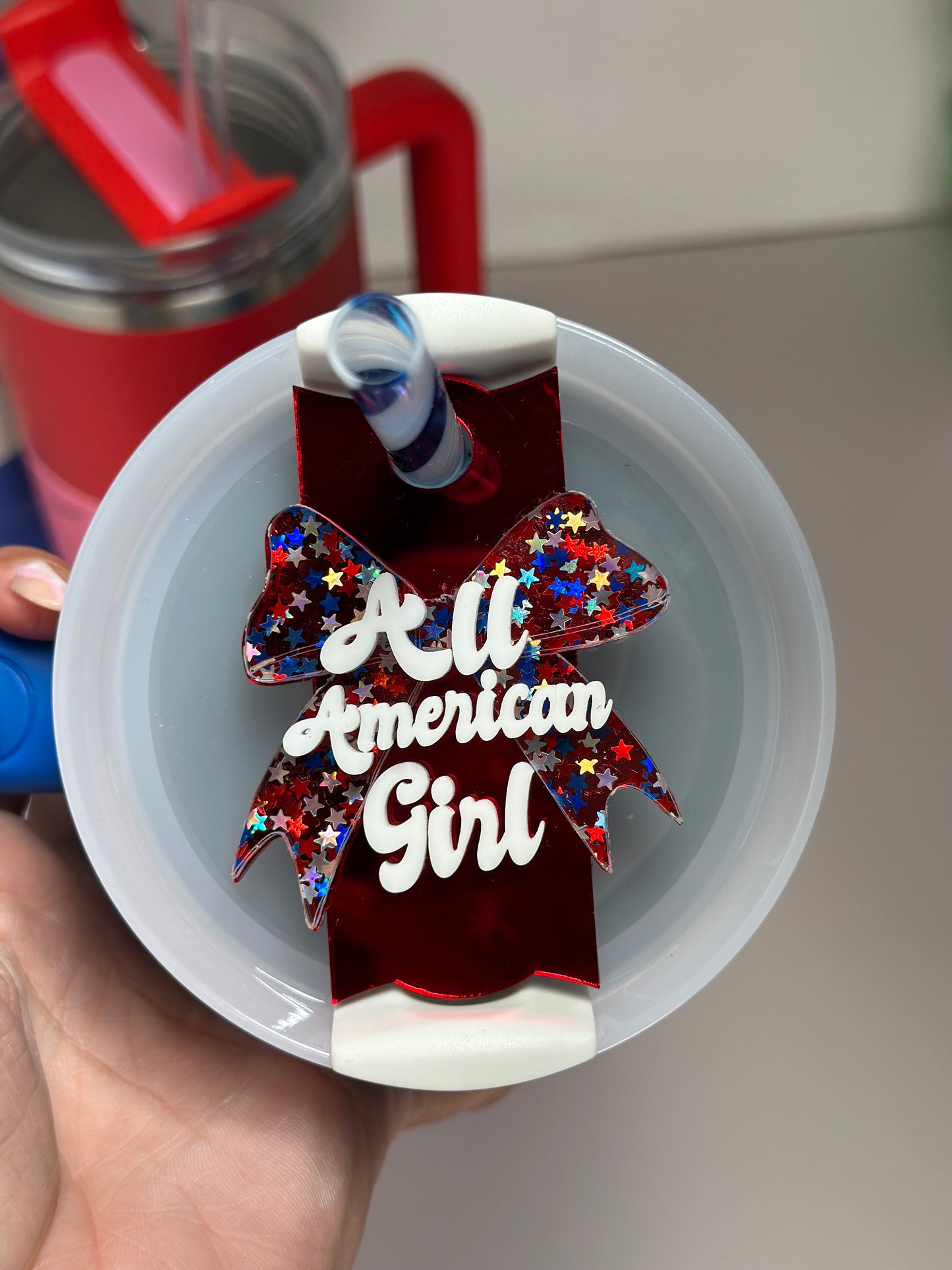 Name Plate Patriotic Bow  Tumbler Topper Holiday USA Tumbler Bow name tag God Bless America Tumbler Topper 4th of July Topper Memorial day